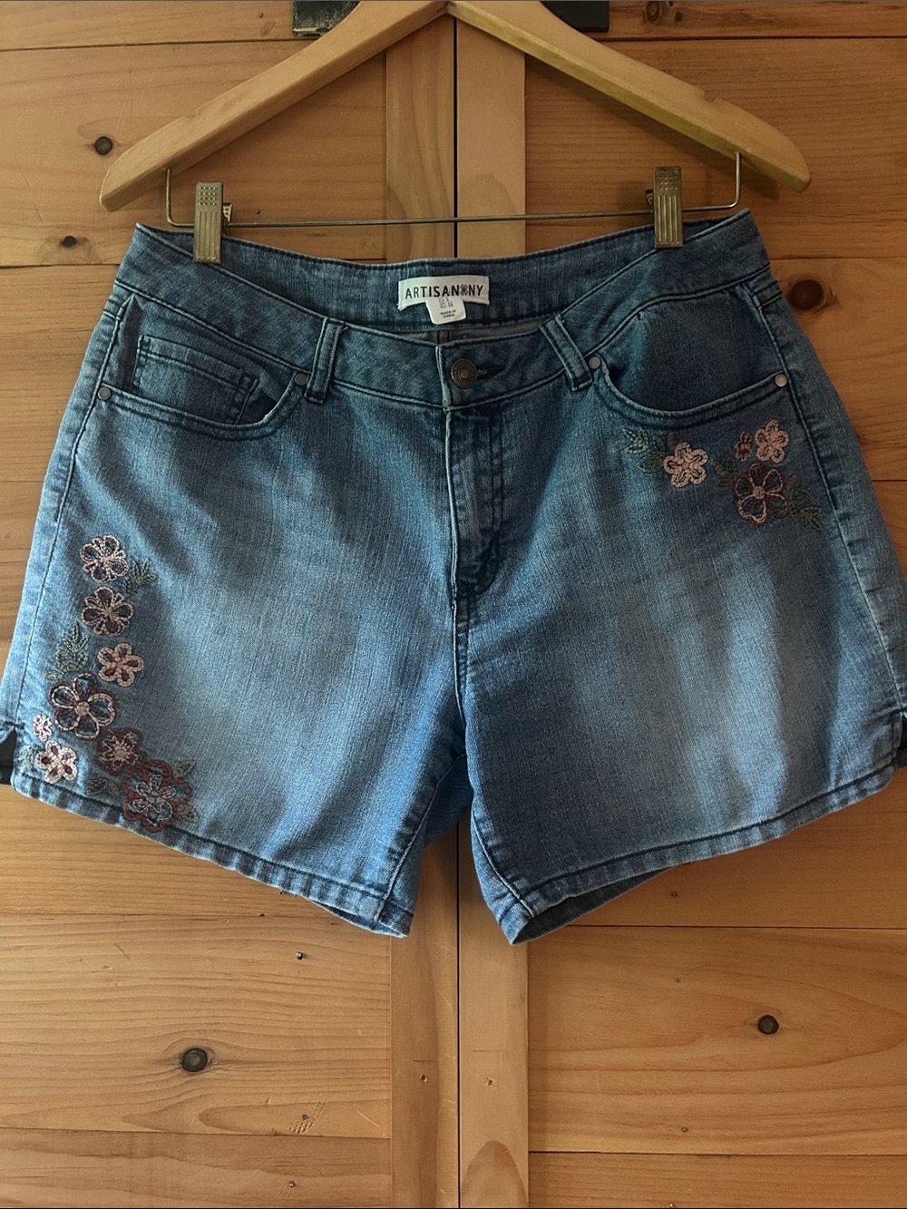 Artisan NY Denim Shorts with Pink Floral Embroidery